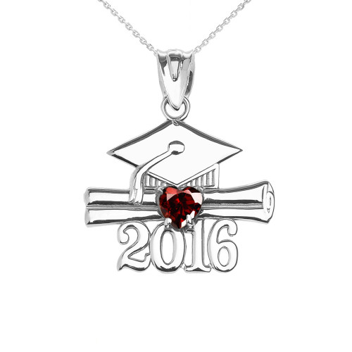 White Gold Heart January Birthstone Garnet Cz Class of 2016 Graduation Pendant Necklace