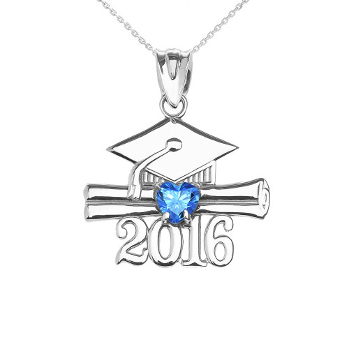 White Gold Heart December Birthstone Light Blue CZ Class of 2016 Graduation Pendant Necklace