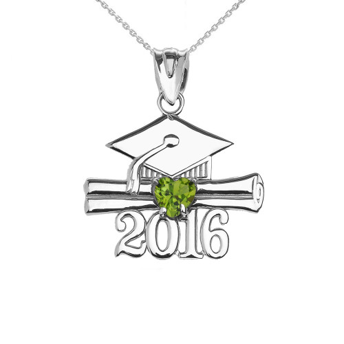 Sterling Silver Heart August Birthstone Light Green Cz Class of 2016 Graduation Pendant Necklace