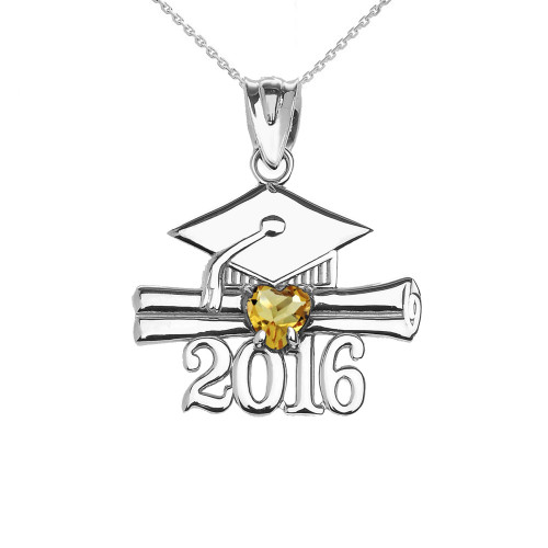 Sterling Silver Heart November Birthstone Yellow Cz Class of 2016 Graduation Pendant Necklace