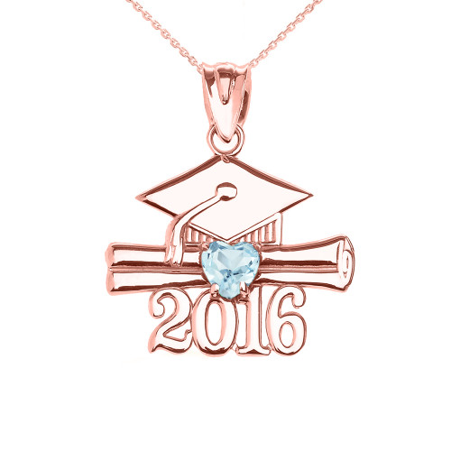 Rose Gold Heart March Birthstone Aqua Cz Class of 2016 Graduation Pendant Necklace
