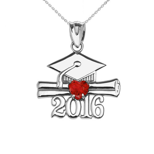 Sterling Silver Heart July Birthstone Red Cz Class of 2016 Graduation Pendant Necklace