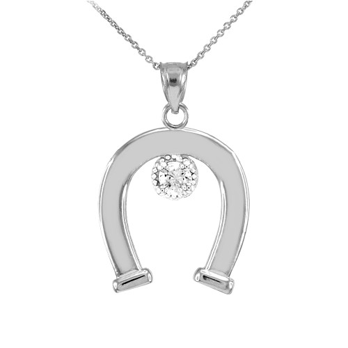 White Gold CZ-Studded Lucky Horseshoe Pendant Necklace