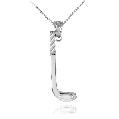 White Gold Hockey Stick and Puck Winter Sports Pendant Necklace