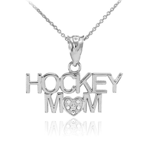 White Gold HOCKEY MOM Heart Diamond Pendant Necklace