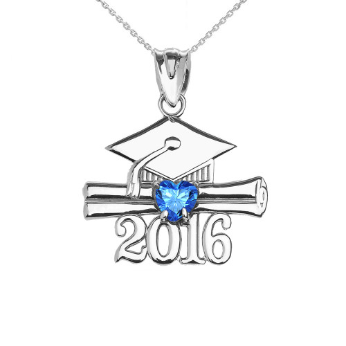 Sterling Silver Heart December Birthstone Light Blue Cz Class of 2016 Graduation Pendant Necklace