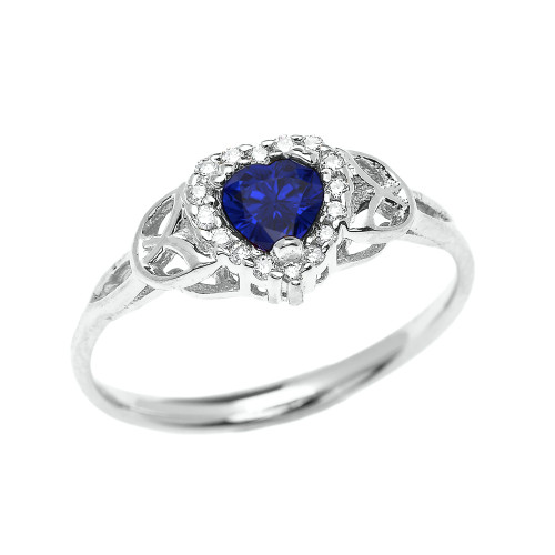 Elegant White Gold Diamond and Sapphire Heart Trinity Knot Engagement Proposal Ring