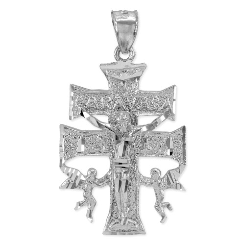 White Gold Caravaca Double Cross with Angels Crucifix Pendant