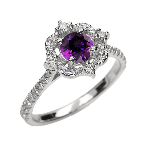 White Gold Genuine Amethyst And Diamond Dainty Engagement Proposal Ring