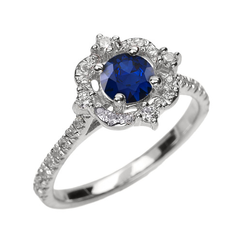 White Gold Genuine Sapphire And Diamond Dainty Engagement Proposal Ring