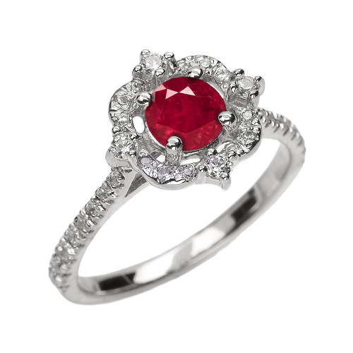 White Gold Genuine Ruby And Diamond Dainty Engagement Proposal Ring