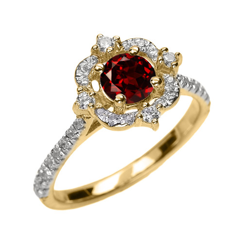 Yellow Gold Genuine Garnet And Diamond Dainty Engagement Proposal Ring