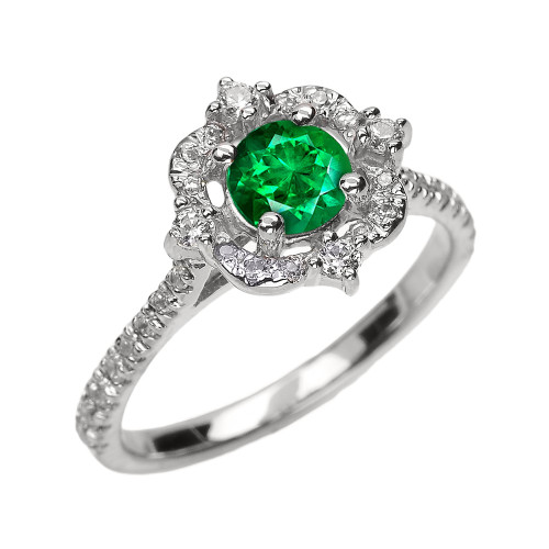 White Gold May Birthstone Green CZ And Diamond Dainty Engagement Proposal Ring