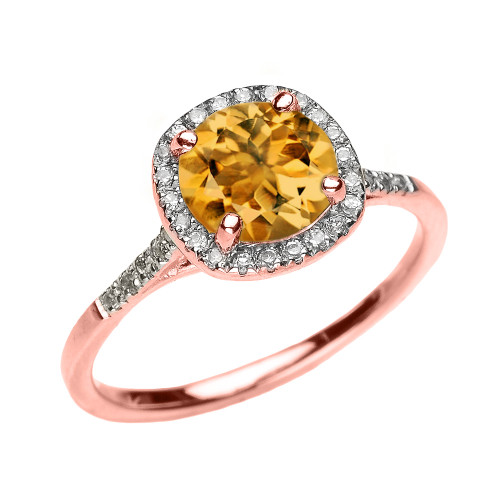 Rose Gold Halo Diamond and Genuine Citrine Dainty Engagement Proposal Ring