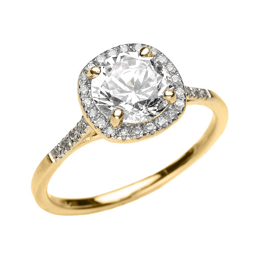 Yellow Gold Halo Diamond and Genuine White Topaz Dainty Engagement Proposal Ring