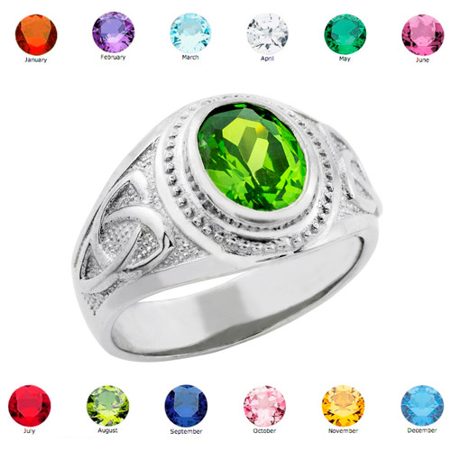 White Gold Celtic Birthstone CZ Men's Ring