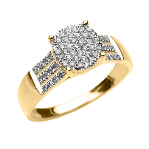 Elegant Yellow Gold Three Row Micro Pave Diamond Engagement Ring