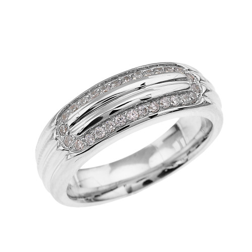 Ribbed Stripe Design White Gold CZ Men's Comfort Fit Wedding Ring