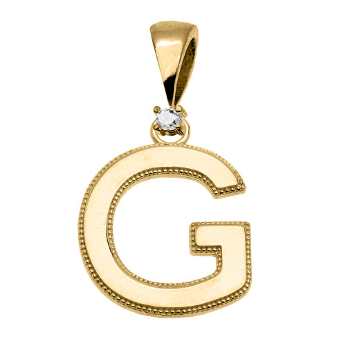 Yellow Gold High Polish Milgrain Solitaire Diamond "G" Initial Pendant Necklace