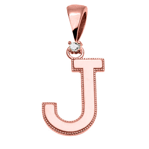 Rose Gold High Polish Milgrain Solitaire Diamond "J" Initial Pendant Necklace