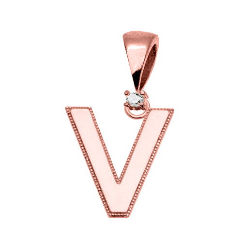 Rose Gold High Polish Milgrain Solitaire Diamond "V" Initial Pendant Necklace