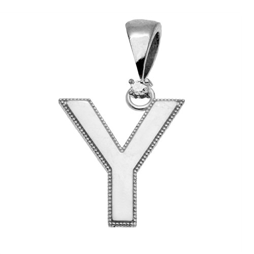 White Gold High Polish Milgrain Solitaire Diamond "Y" Initial Pendant Necklace