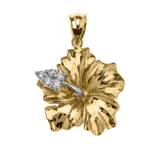 Yellow Gold Caribbean Hibiscus (Malvaceae) Diamond Pendant Necklace