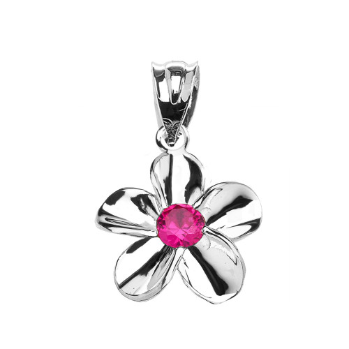 White Gold Hawaiian Plumeria Red CZ Elegant Pendant Necklace