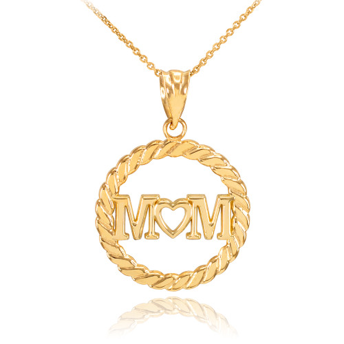 Gold MOM Heart in Circle Rope Pendant Necklace