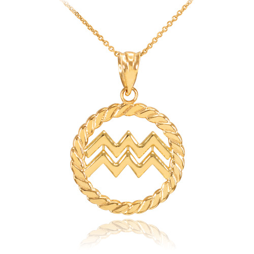 Gold Aquarius Zodiac Sign in Circle Rope Pendant Necklace