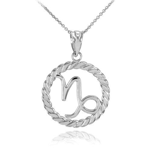 Silver Capricorn Zodiac Sign in Circle Rope Pendant Necklace