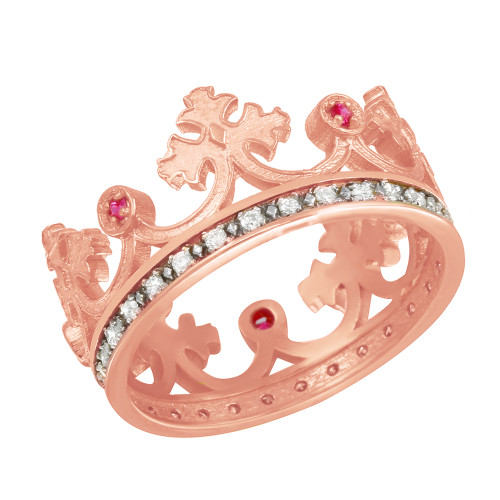 Rose Gold Red CZ Medieval Crown Diamond Band Women's Ring