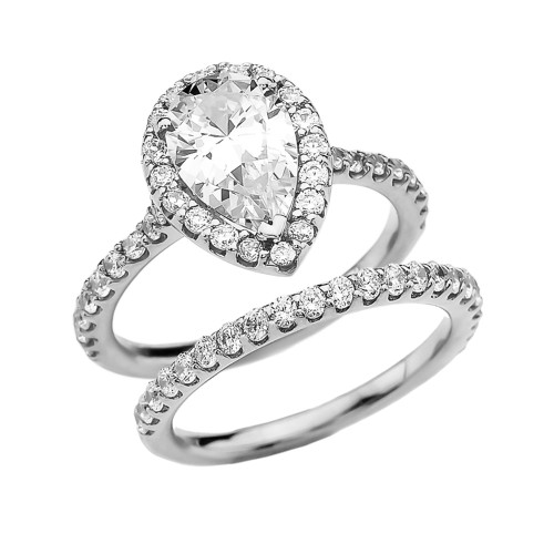Pear Shape Solitaire Elegant White Gold Cubic Zirconia Engagement Wedding Ring Set