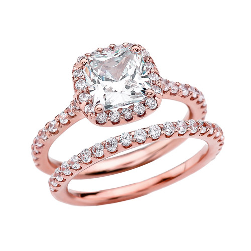 Cushion Shape Solitaire Elegant Rose Gold Cubic Zirconia Engagement Wedding Ring Set