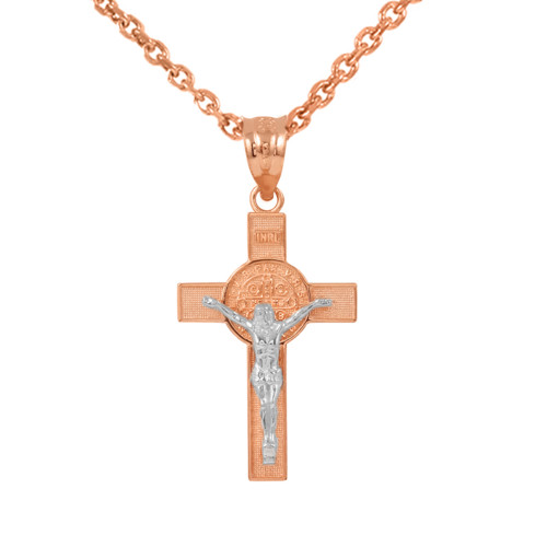 Two Tone Rose Gold and White Gold St. Benedict Crucifix Pendant Necklace (1.30")