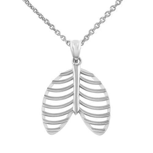 White Gold Human Rib Cage Anatomy Pendant Necklace