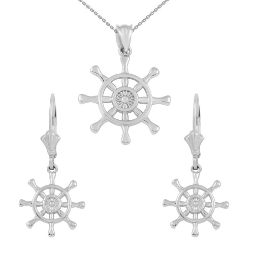 14K White Gold Nautical Ship Wheel Pendant Necklace Earring Set