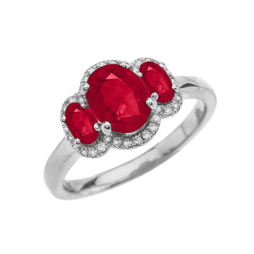 White Gold Tree Stone Halo Diamond Proposal Ring With Red Cubic Zirconia