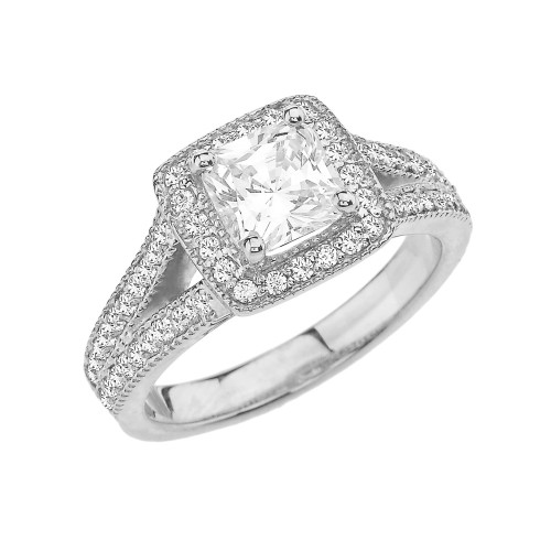 White Gold Diamond Halo Princess Cut Engagement/Proposal Ring With Cubic Zirconia Center Stone