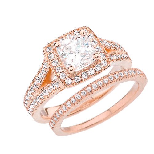 Rose Gold Cubic Zirconia Engagement/Anniversary Ring Set