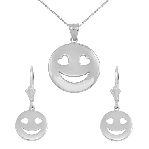 14K White Gold Heart Eyes Smiley Face Pendant Necklace Earring Set