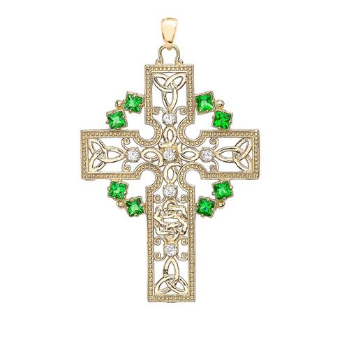 Yellow Gold Fancy Celtic Gemstone and Diamond Cross Pendant Necklace