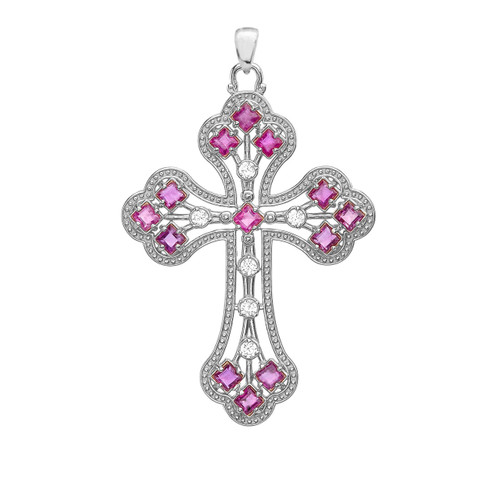 White Gold Fancy Cross Pendant Necklace With Gemstone and Diamonds