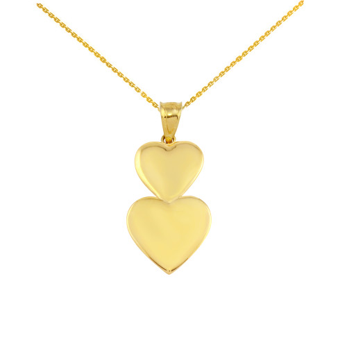 Solid Yellow Gold Two Stacked Hearts Love Pendant Necklace