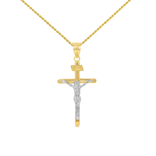 Solid Two Tone Yellow Gold and White Gold INRI Cross Pendant Necklace ( 1.39")