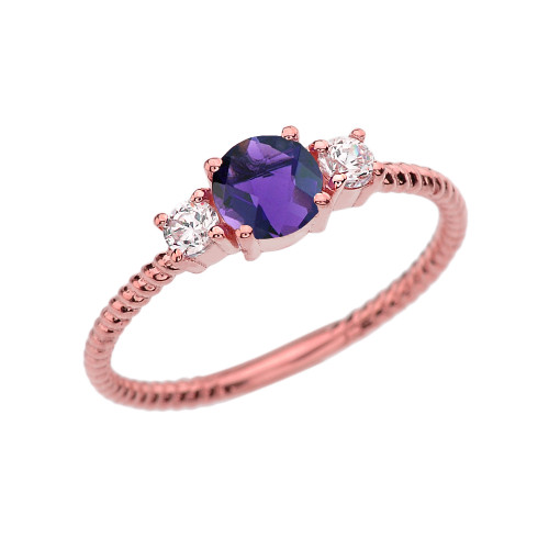 Dainty Rose Gold Amethyst and White Topaz Rope Design Engagement/Promise Ring