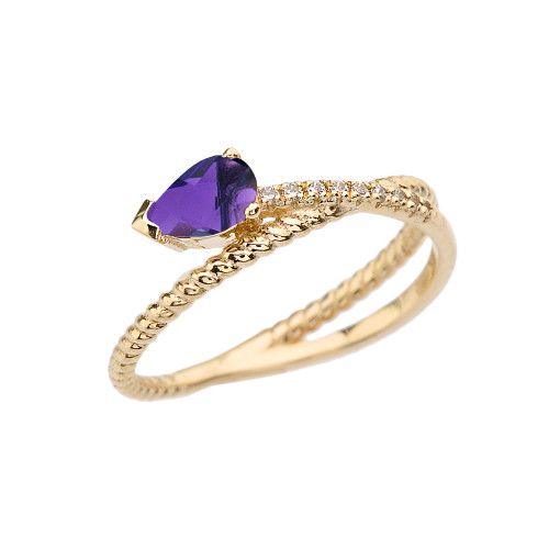 Yellow Gold Criss-Cross Amethyst Rope and Diamonds Designer Ring