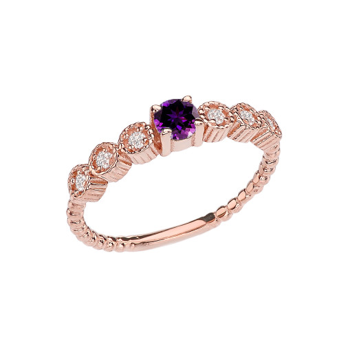 Diamond and Amethyst Rose Gold Stackable/Promise Beaded Popcorn Collection Ring