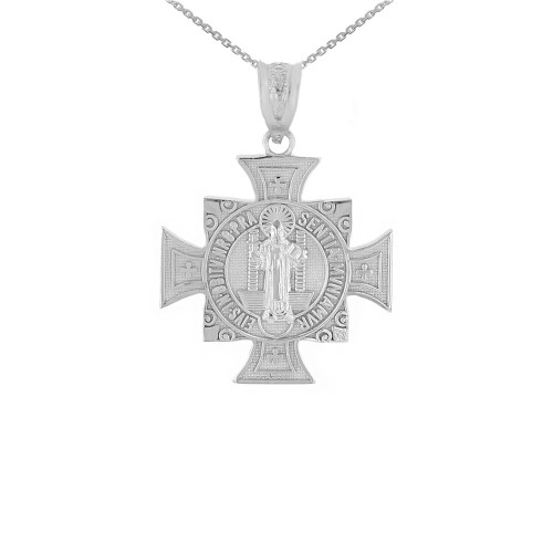 White Gold Saint Benedict Cross Pendant Necklace (0.97")