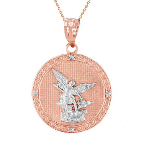 Two Tone Rose Gold St Michael Archangel Diamond Pendant Necklace ( 1.14" )